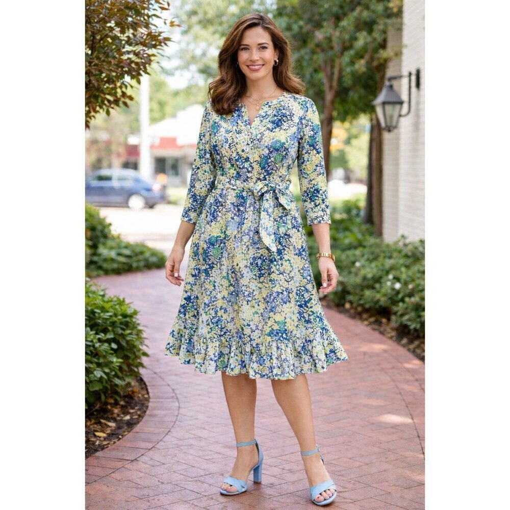 Talbots Womens Midi Dress Sz 14P 14 Petite Blue Butterfly Floral Belted Cotton